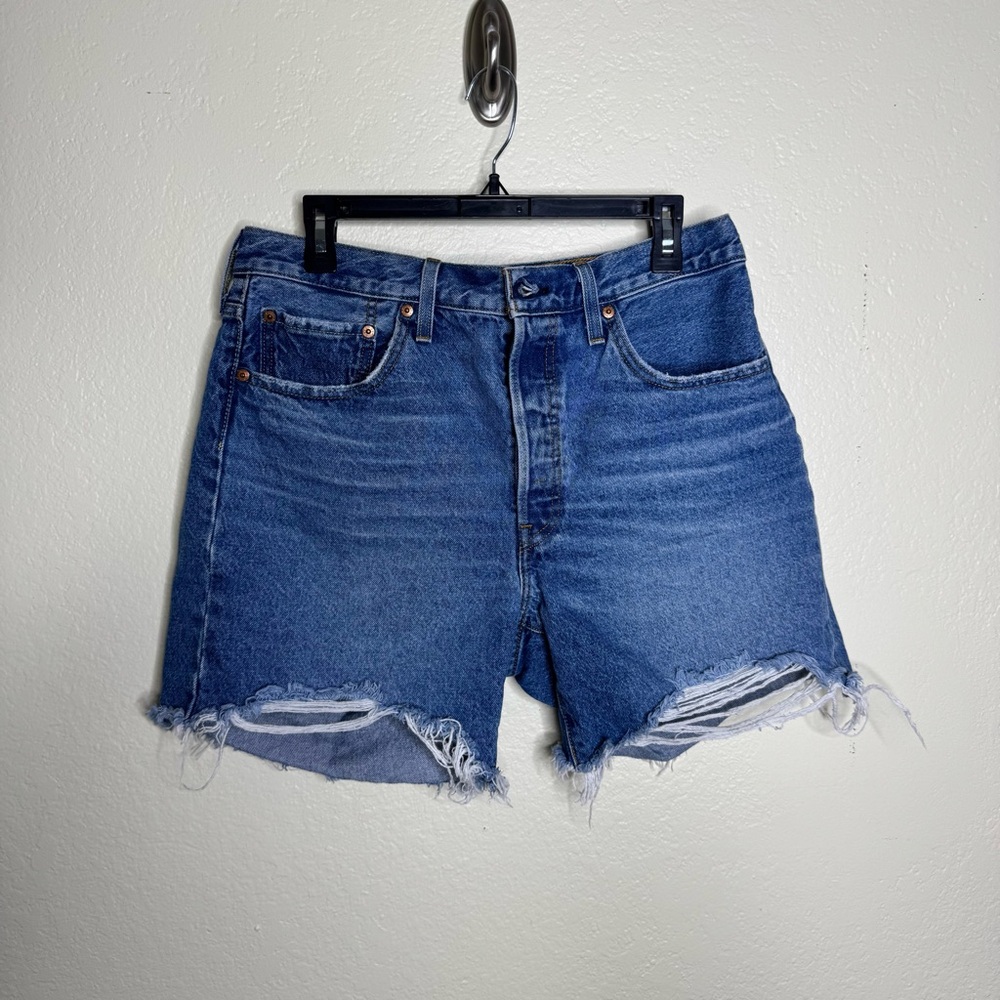Levi’s 501 Mid-thigh distressed high-rise Jean shorts